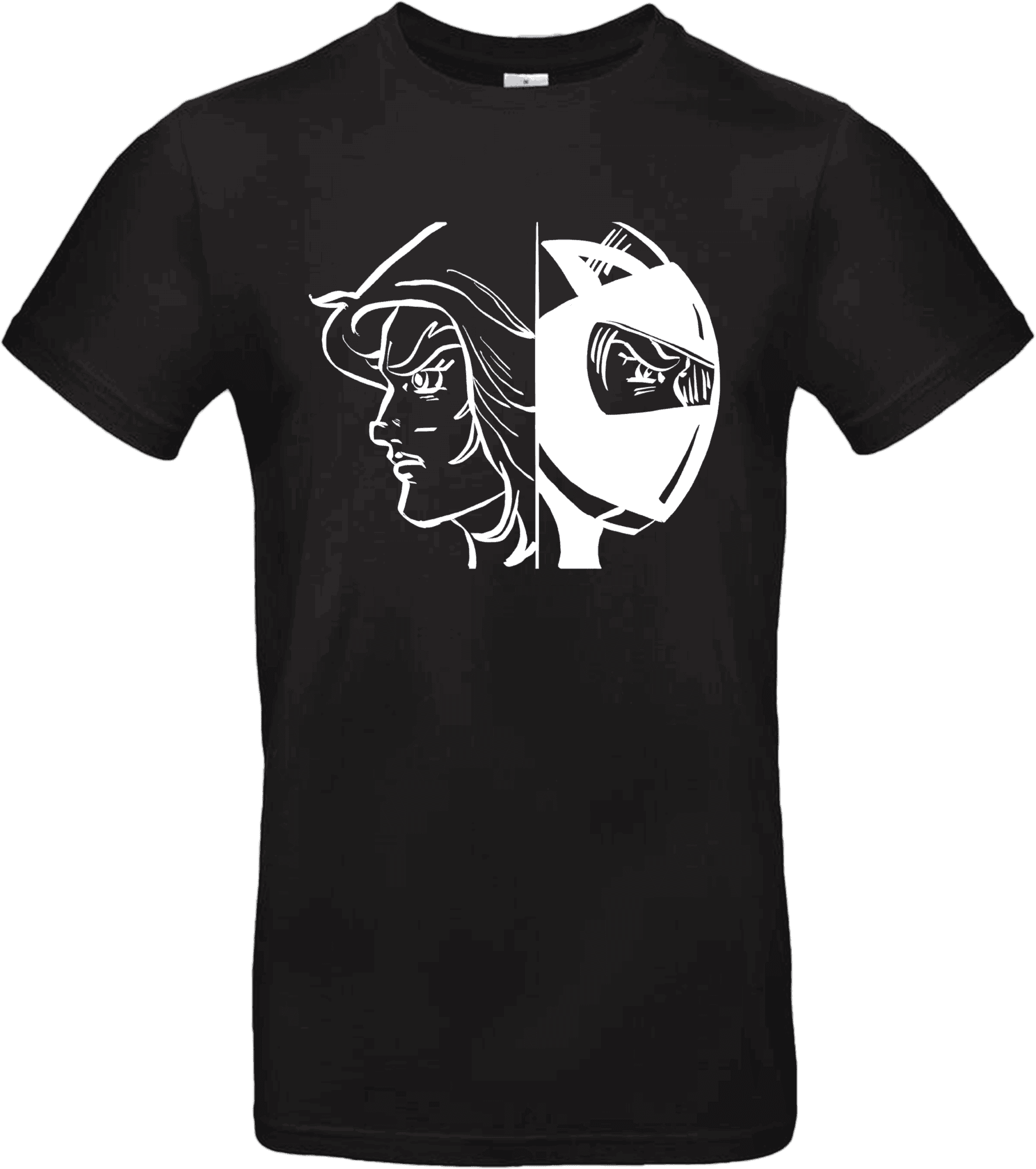 T-shirt noirTransformation Actarus style manga rétro avec visuel double visage héros et casque.
