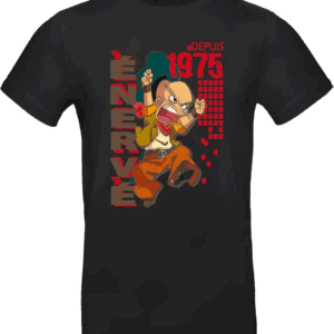 T-shirt noir avec personnage énergique depuis 1975.