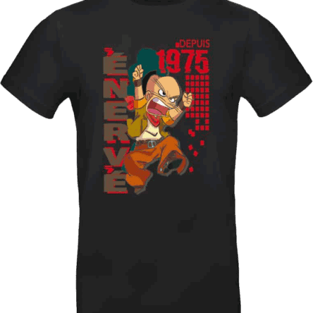 T-shirt noir avec personnage énergique depuis 1975.