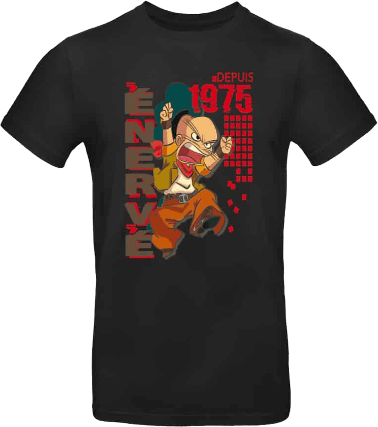 T-shirt noir avec personnage énergique depuis 1975.