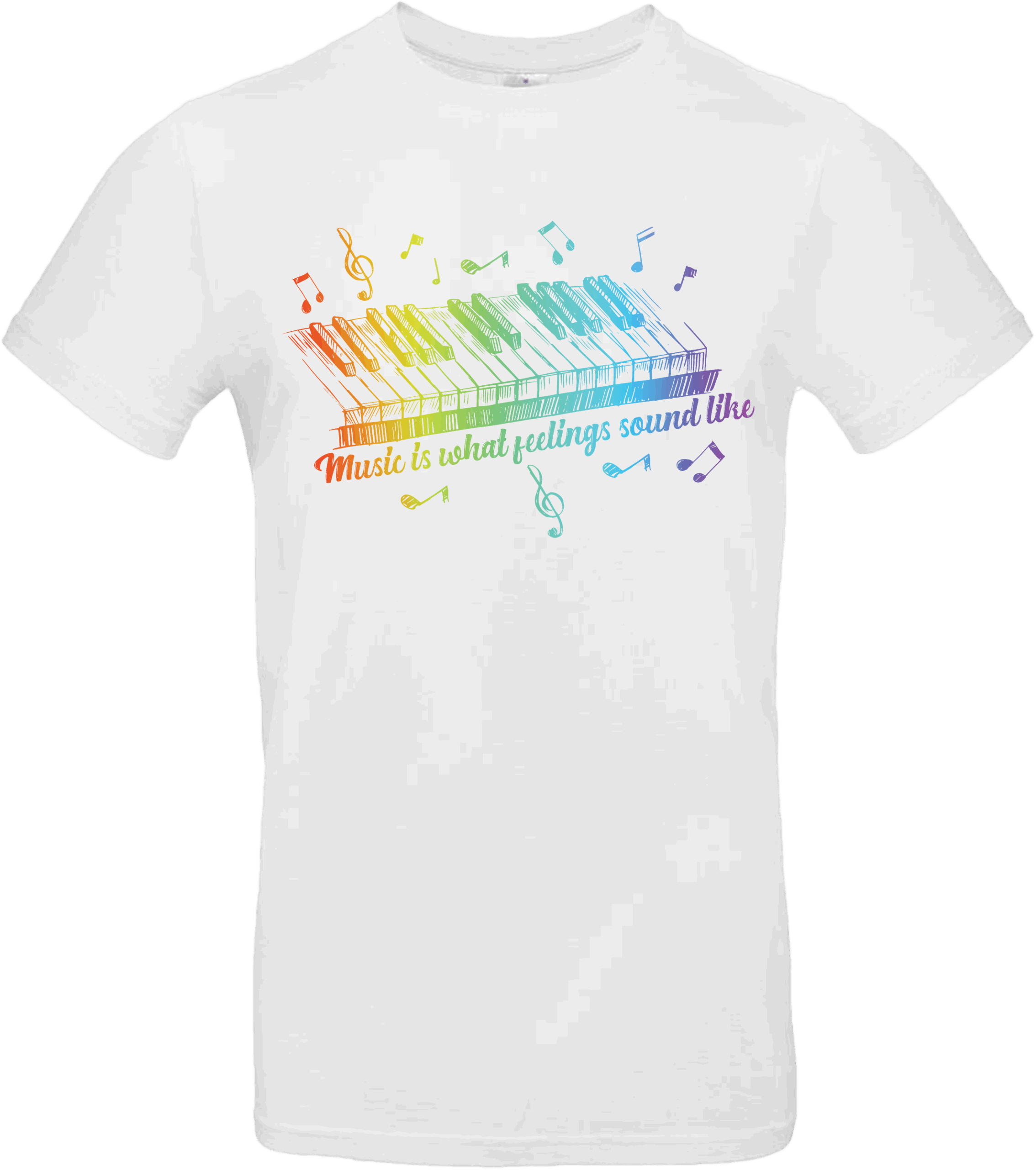 T-shirt blanc piano coloré avec citation “Music is what feelings sound like” – Pilou Shop 64