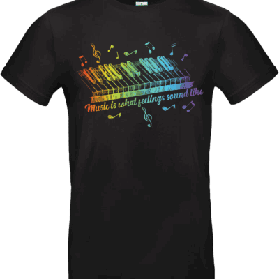 T-shirt noir piano coloré avec design arc-en-ciel “Music is what feelings sound like” – Pilou Shop 64