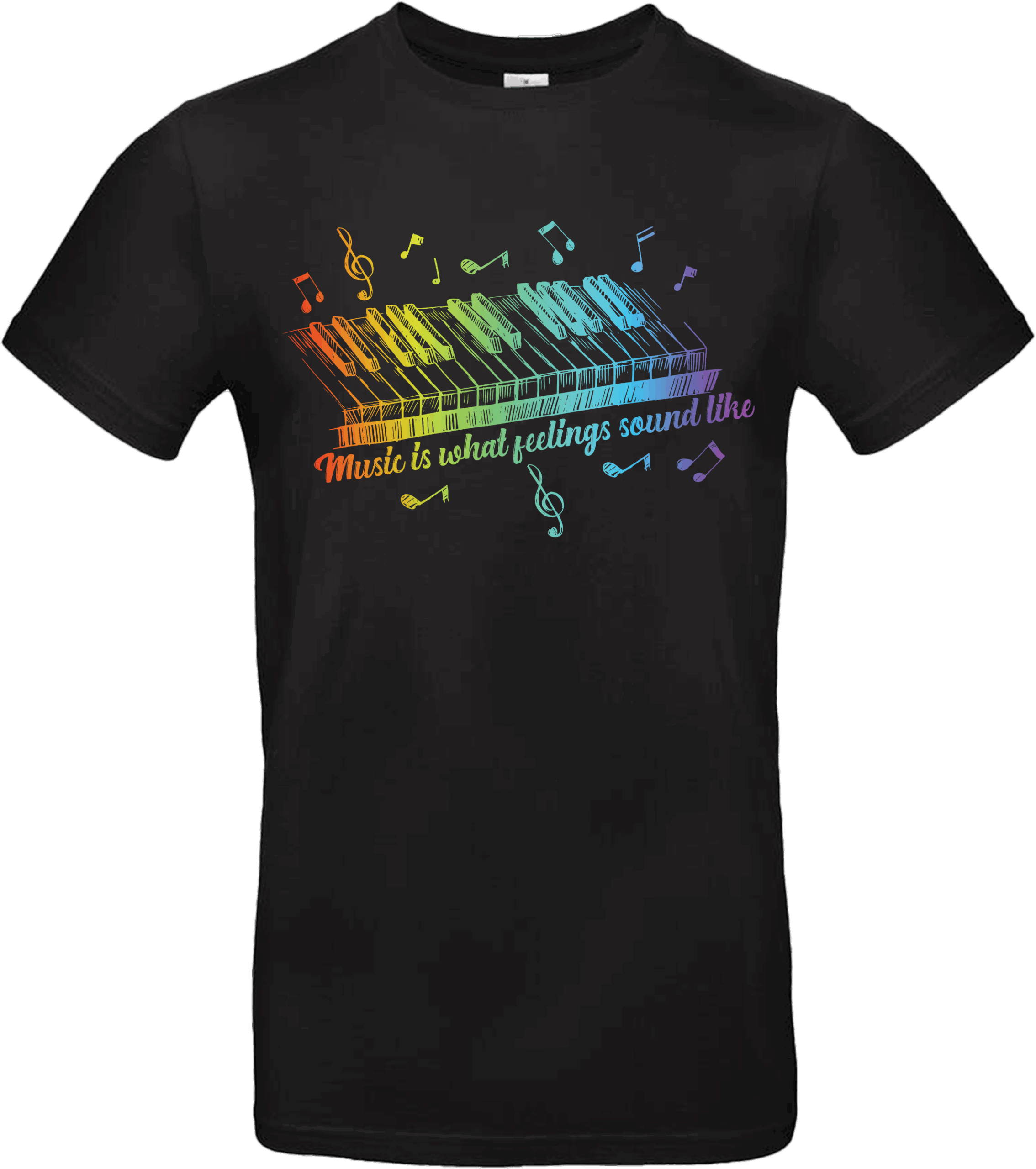 T-shirt noir piano coloré avec design arc-en-ciel “Music is what feelings sound like” – Pilou Shop 64