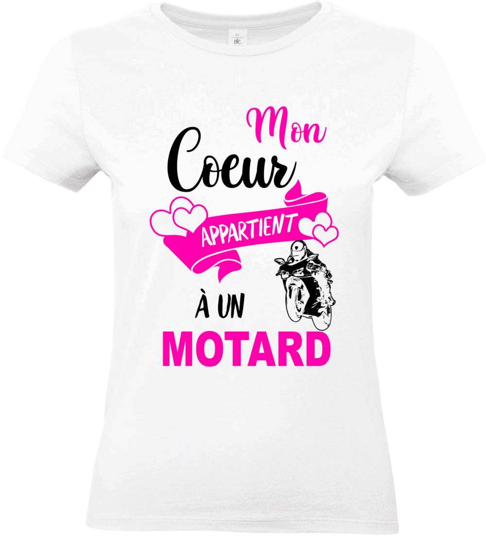 T-shirt blanc femme mon cœur appartient à un motard impression DTF