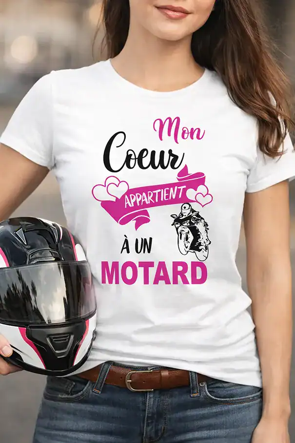 t shirt femme motarde mon coeur appartient a un motard blanc design rose moto biker Pilou Shop 64