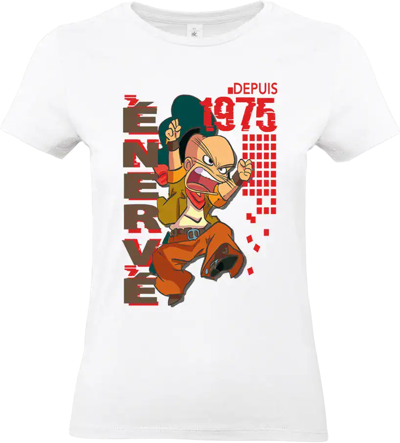 t shirt blanc design personnage énervé depuis 1975 impression DTF premium femme