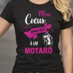 t shirt femme motarde mon coeur appartient a un motard noir design rose moto biker Pilou Shop 64