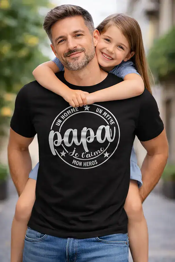 t shirt papa je t aime mon heros noir impression dtf couleur argent porté par un père avec sa fille sourire fond extérieur flou