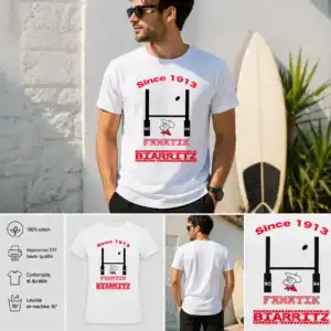 T-shirt homme blanc fanatik Biarritz since 1913 design rugby Pays Basque impression DTF vue face lifestyle surf