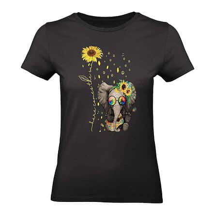 tee shirt noir femme Elephant ici vient le soleil tournesol fleur guitare