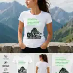T-shirt femme blanc Pic du Midi d’Ossau illustration montagne coordonnées vertes Pyrénées