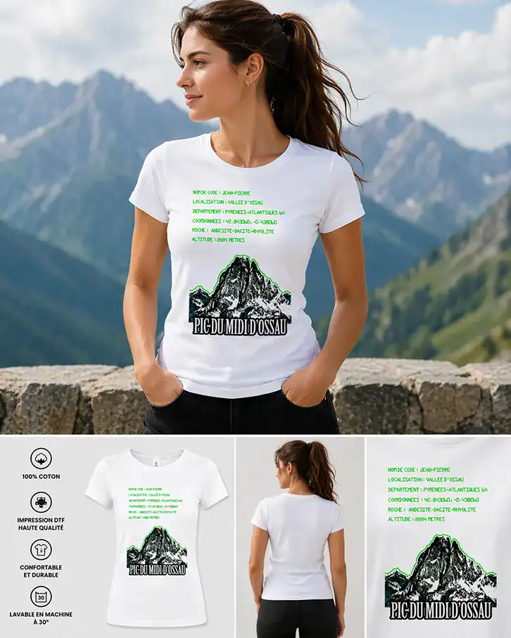T-shirt femme blanc Pic du Midi d’Ossau illustration montagne coordonnées vertes Pyrénées