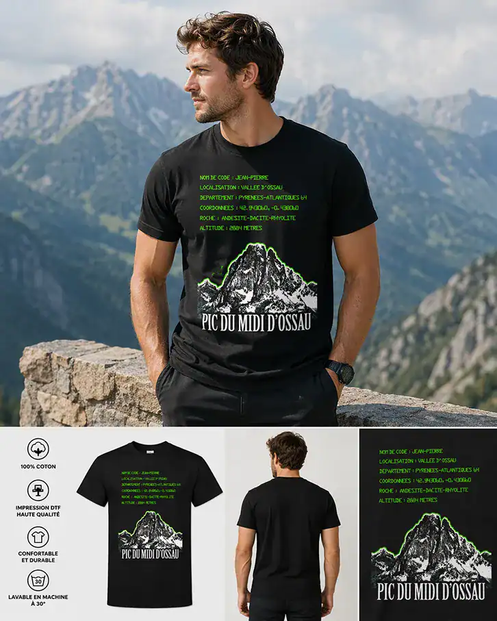 T-shirt homme noir Pic du Midi d’Ossau illustration montagne coordonnées vertes Pyrénées