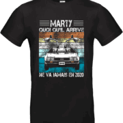 T-shirt noir humour “Marty ne va jamais en 2020” avec DeLorean vintage et couleurs rétro – Pilou Shop 64