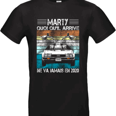 T-shirt noir humour “Marty ne va jamais en 2020” avec DeLorean vintage et couleurs rétro – Pilou Shop 64