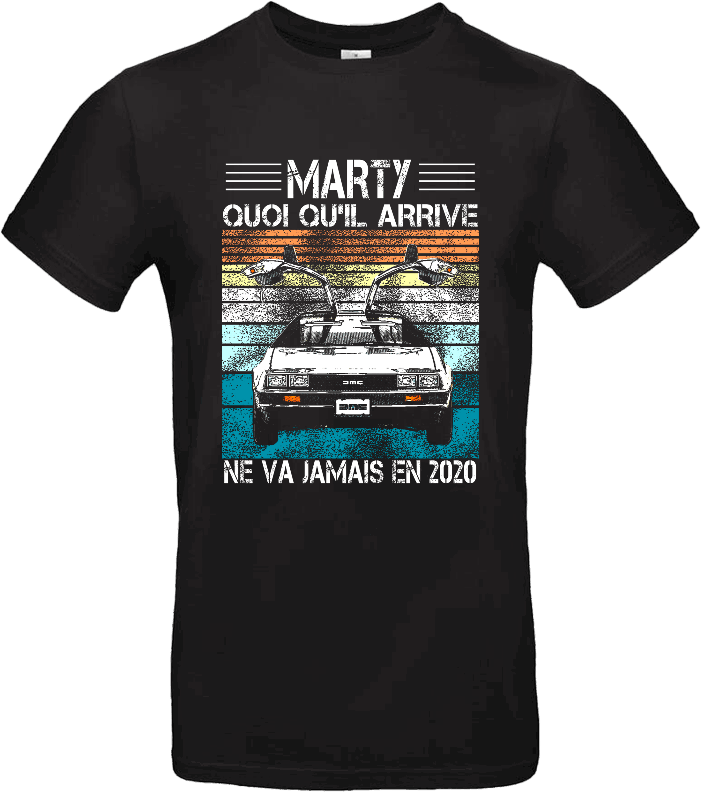 T-shirt noir humour “Marty ne va jamais en 2020” avec DeLorean vintage et couleurs rétro – Pilou Shop 64