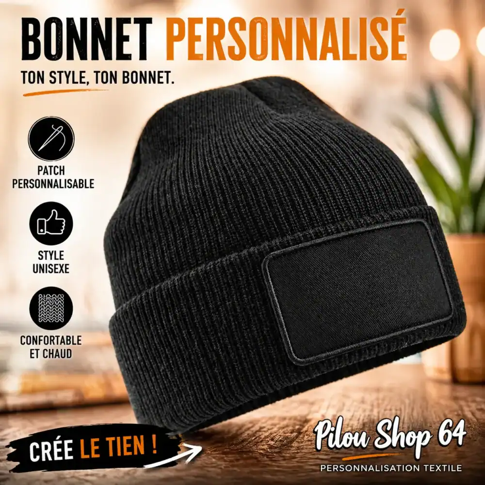 bonnet personnalisé explication produit patch personnalisable bonnet noir impression textile accessoire hiver personnalisé