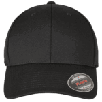 Casquette noire avec visière arrondie et étiquette Flexfit.