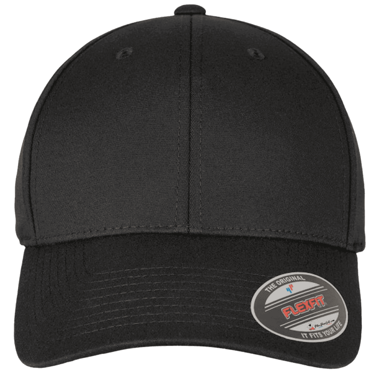 Casquette noire avec visière arrondie et étiquette Flexfit.