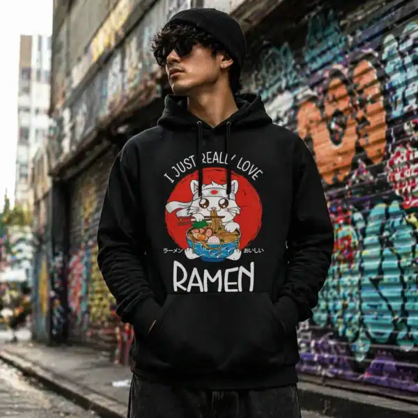 Sweat à capuche noir ramen chat porté homme style street Pilou Shop 64