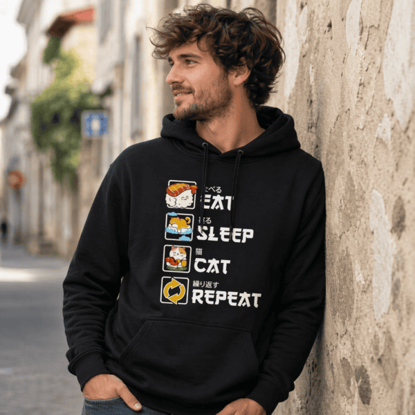 T-shirt noir eat sleep cat repeat porté par homme en extérieur ville