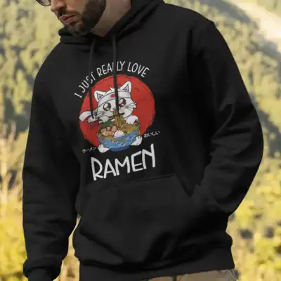 Sweat à capuche noir chat ramen japonais porté par un homme – I Just Really Love Ramen – Pilou Shop 64