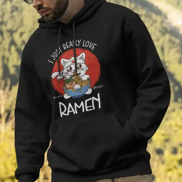 Sweat à capuche noir chat ramen japonais porté par un homme – I Just Really Love Ramen – Pilou Shop 64