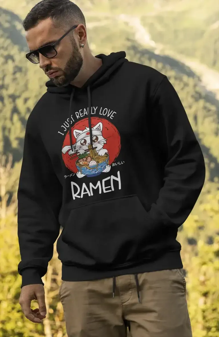 Sweat à capuche noir chat ramen japonais porté par un homme – I Just Really Love Ramen – Pilou Shop 64