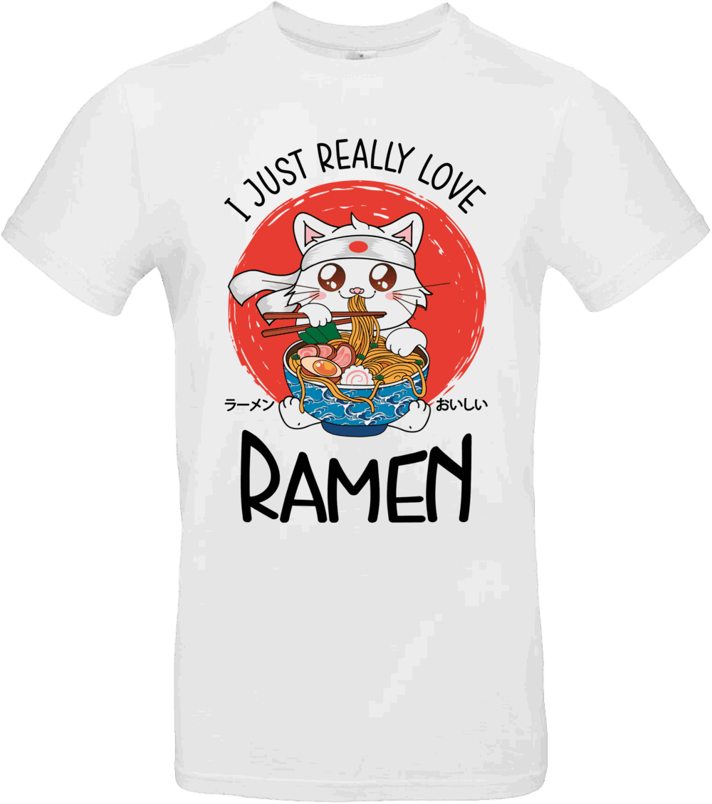 T-shirt blanc avec dessin d’un chat mangeant un bol de ramen et texte “I Just Really Love Ramen”