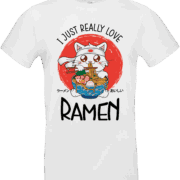 T-shirt blanc avec dessin d’un chat mangeant un bol de ramen et texte “I Just Really Love Ramen”