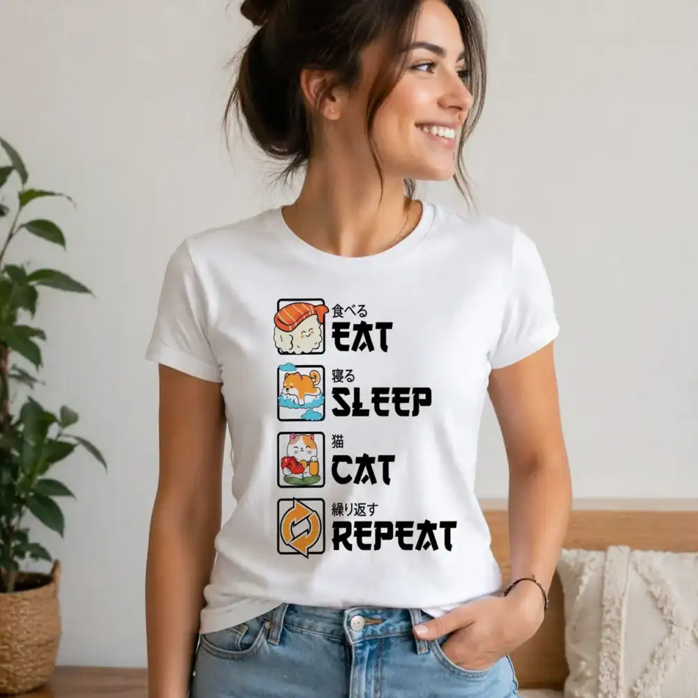 T-shirt eat sleep cat repeat porté par femme en intérieur épuré