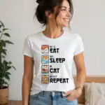 T-shirt eat sleep cat repeat porté par femme en intérieur épuré