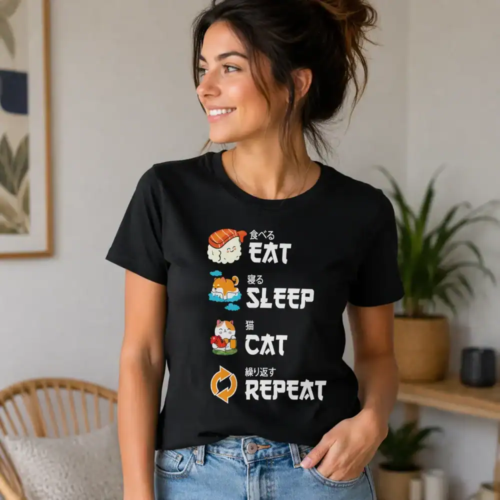 T-shirt eat sleep cat repeat porté par femme en intérieur salon lumineux