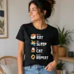 T-shirt eat sleep cat repeat porté par femme en intérieur salon lumineux