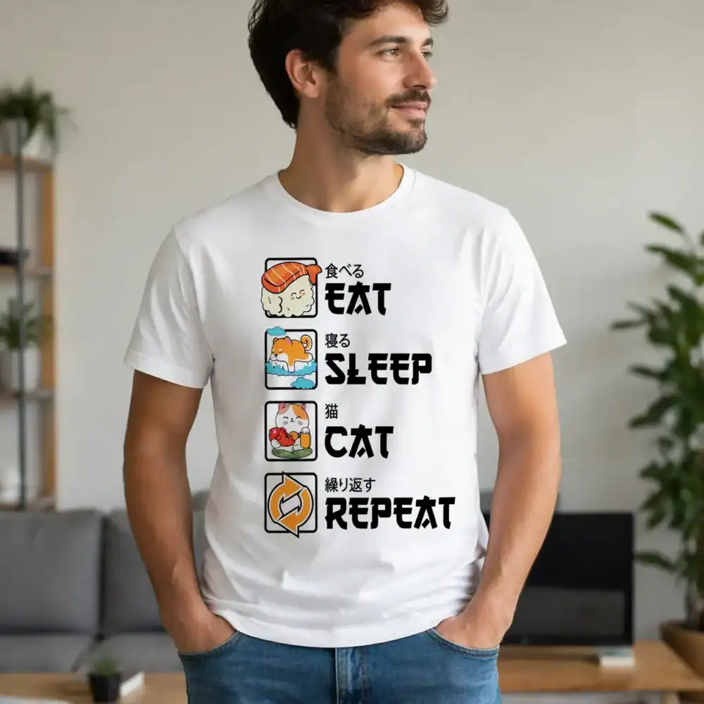 T-shirt eat sleep cat repeat porté par homme en intérieur maison