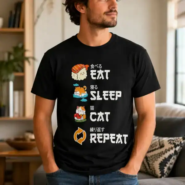 T-shirt eat sleep cat repeat porté par homme en intérieur salon propre
