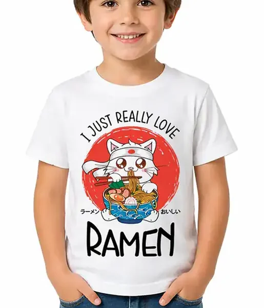enfant portant t shirt blanc ramen chat kawaii humour japonais design bol de ramen illustration kawaii tee shirt enfant blanc imprimé pilou shop 64