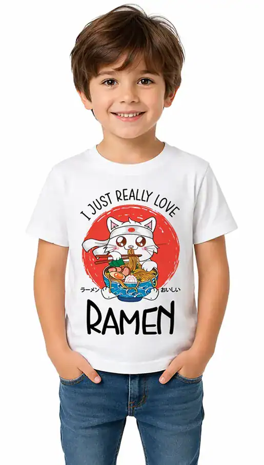 enfant portant t shirt blanc ramen chat kawaii humour japonais design bol de ramen illustration kawaii tee shirt enfant blanc imprimé pilou shop 64