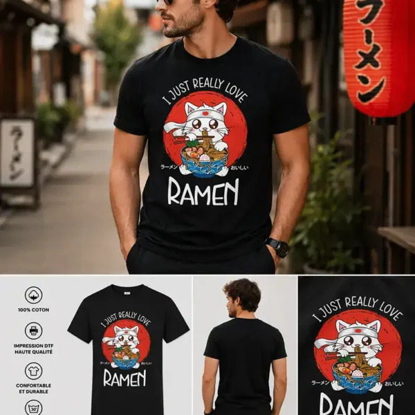 T-shirt homme noir chat ramen japonais humour I just really love ramen design kawaii