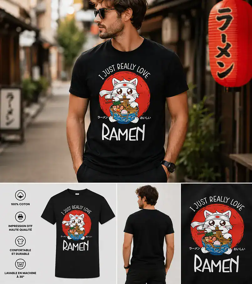 T-shirt homme noir chat ramen japonais humour I just really love ramen design kawaii
