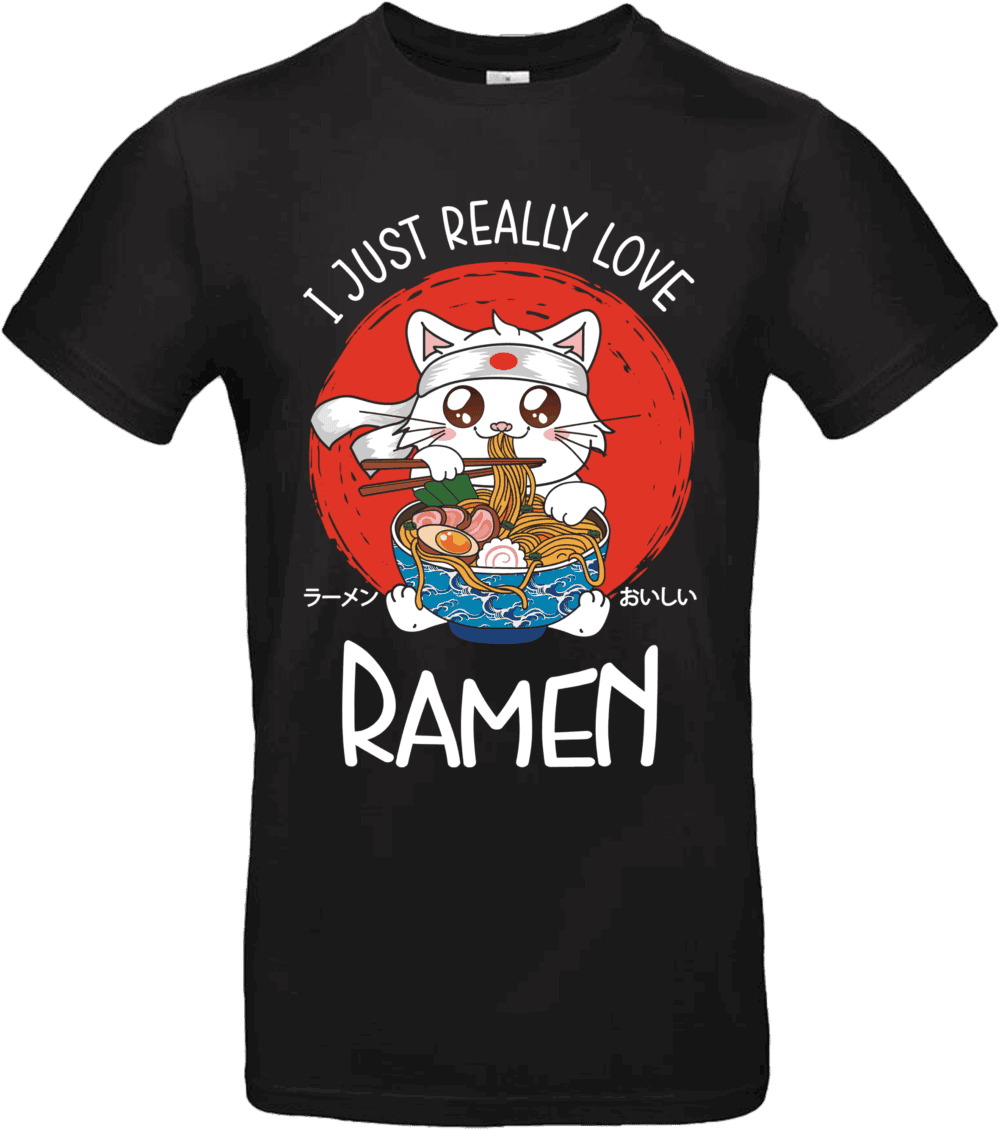 T-shirt noir avec dessin d’un chat mangeant un bol de ramen et texte “I Just Really Love Ramen”