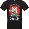 T-shirt noir avec dessin d’un chat mangeant un bol de ramen et texte “I Just Really Love Ramen”