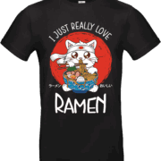 T-shirt noir avec dessin d’un chat mangeant un bol de ramen et texte “I Just Really Love Ramen”