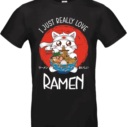 T-shirt noir avec dessin d’un chat mangeant un bol de ramen et texte “I Just Really Love Ramen”