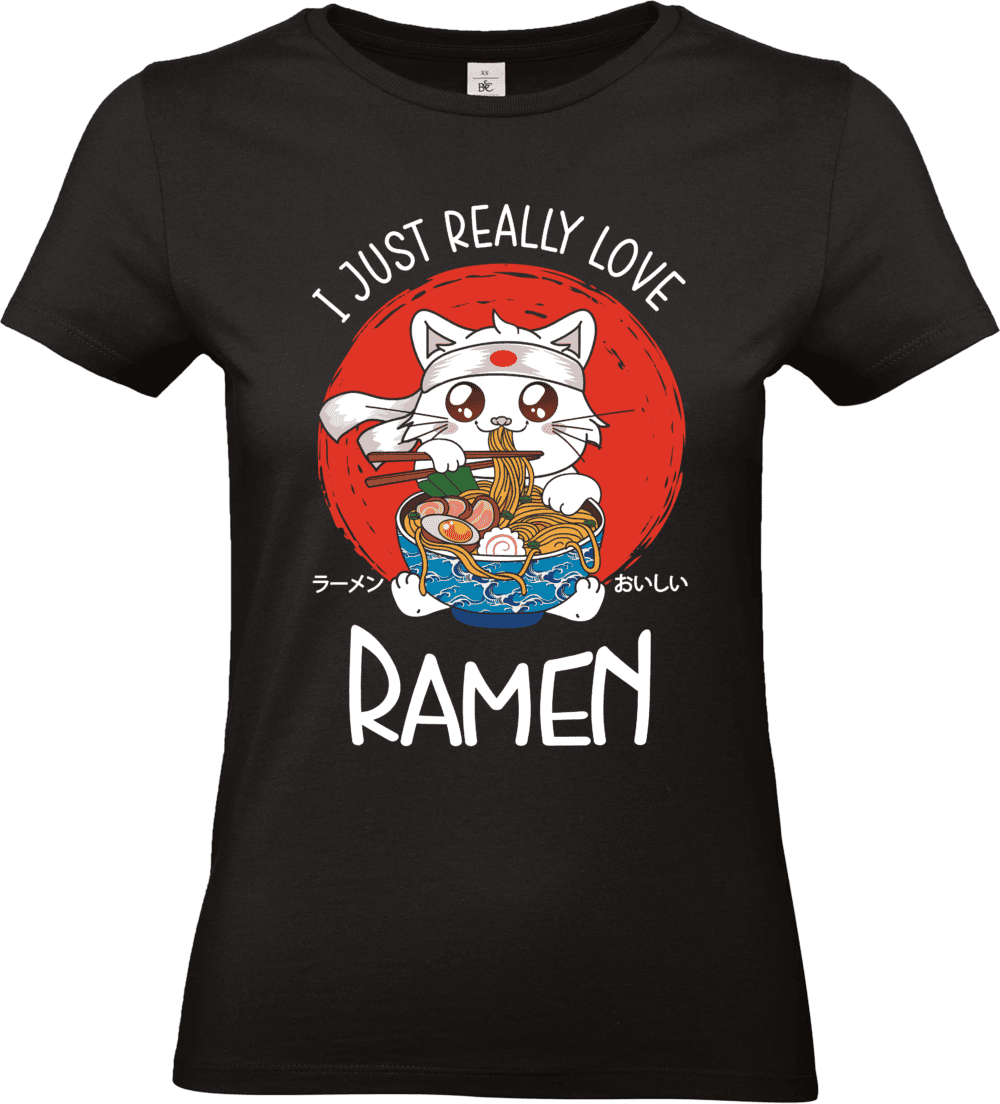 T-shirt chat aimant les ramen, fond rouge.