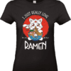 T-shirt chat aimant les ramen, fond rouge.
