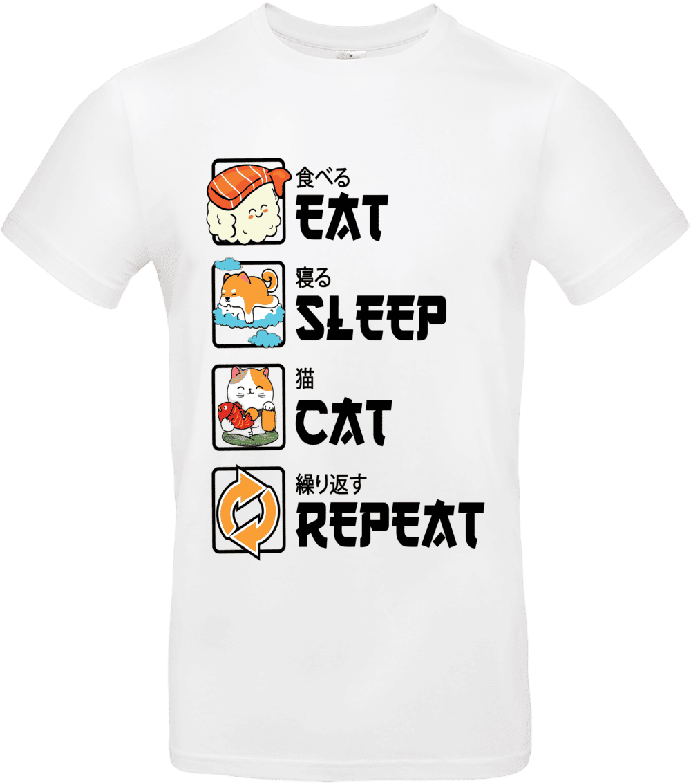 T-shirt blanc avec texte japonais et dessins kawaii.