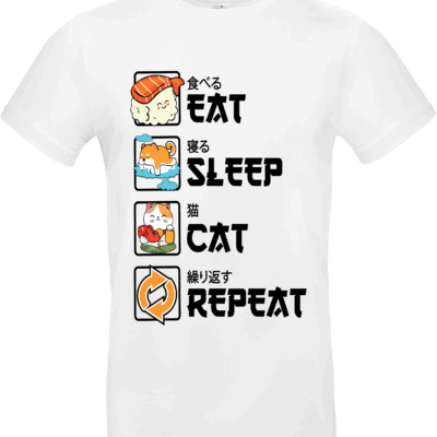 T-shirt blanc avec texte japonais et dessins kawaii.