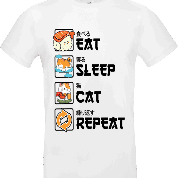 T-shirt blanc avec texte japonais et dessins kawaii.