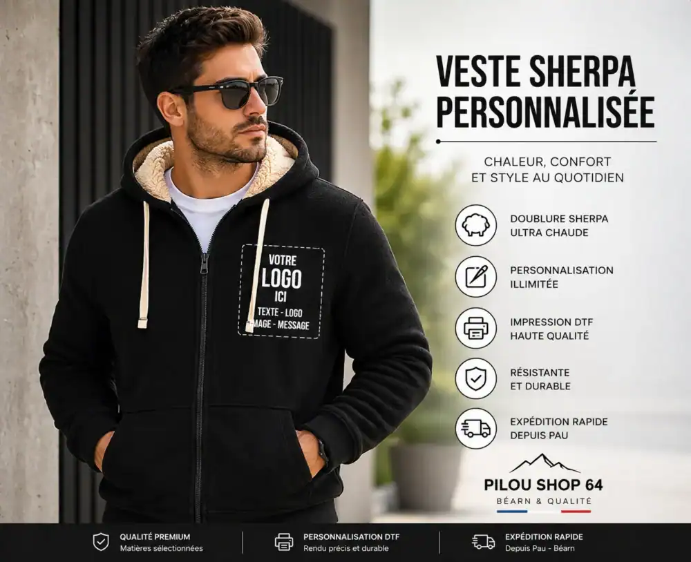 veste sherpa personnalisée homme impression DTF premium veste chaude personnalisable logo entreprise pilou shop 64 Pau